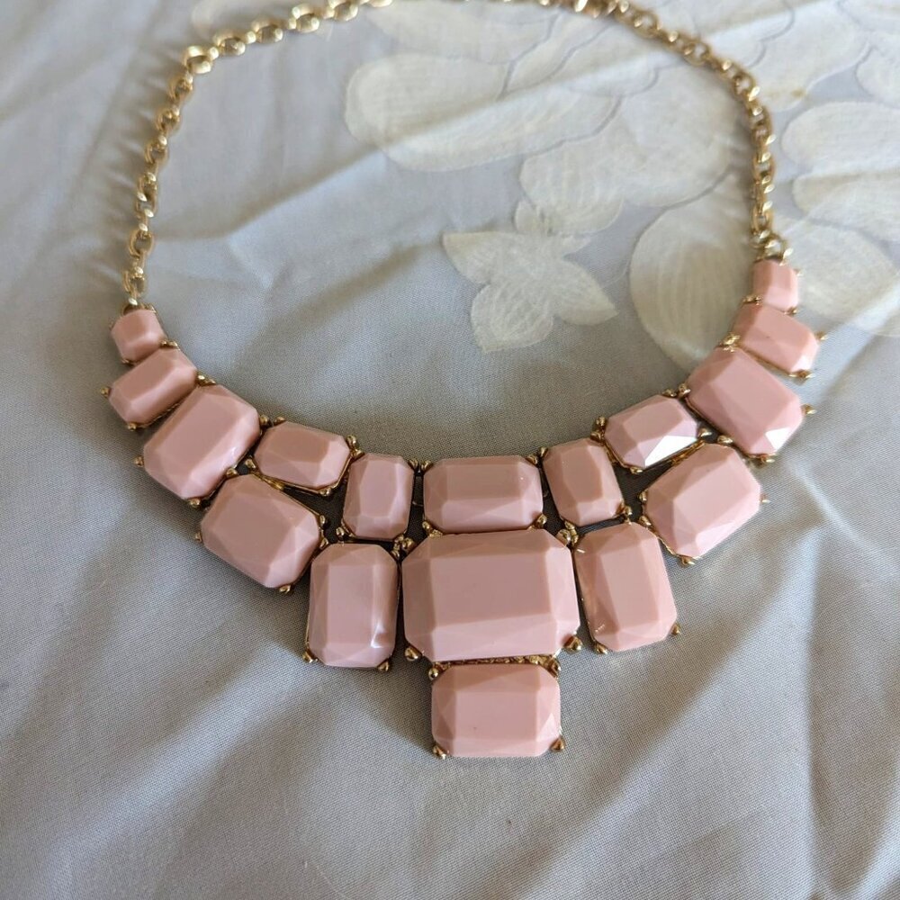 Geometric Pink And Gold Tone Statement Bib Costume Necklace Adjustable Length